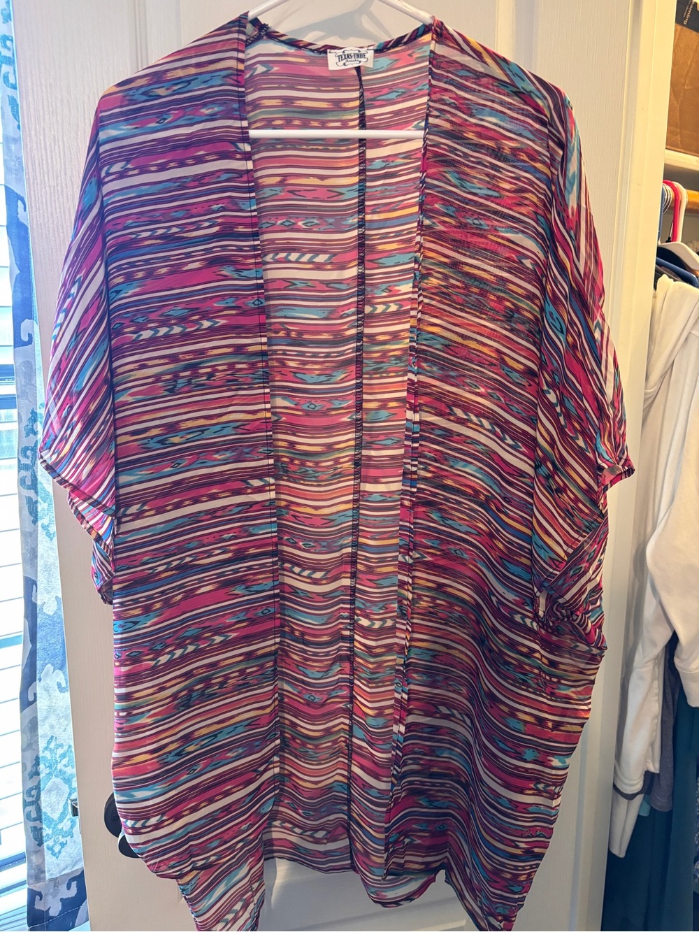Multi-Stripe Sheer Bandeau Cover-Up - Pink/Turquoise